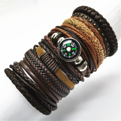10 Pcs/set Black Rope Weave Charm Leather Bracelets Men Bracelets