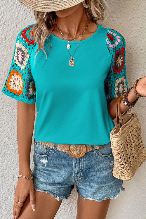 Parchment Floral Crochet Short Sleeve Top