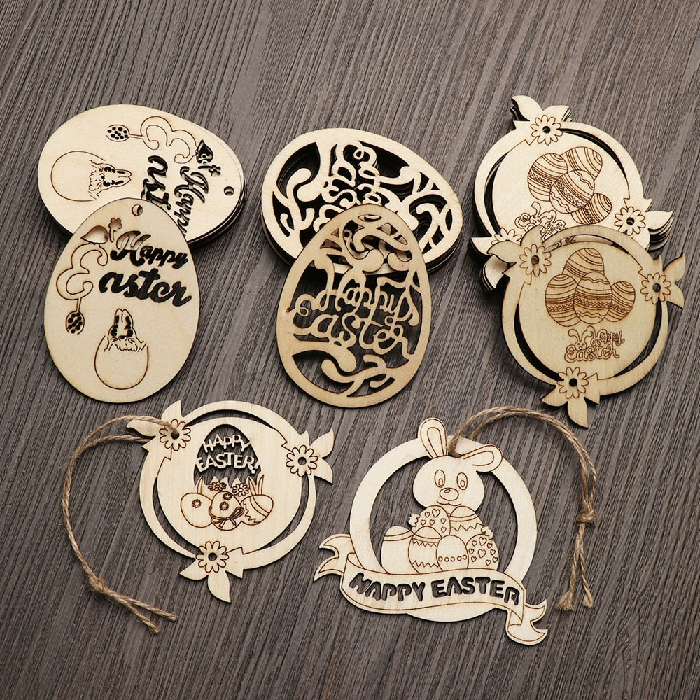 10pcs Happy Easter Eggs Natural Wooden Craft