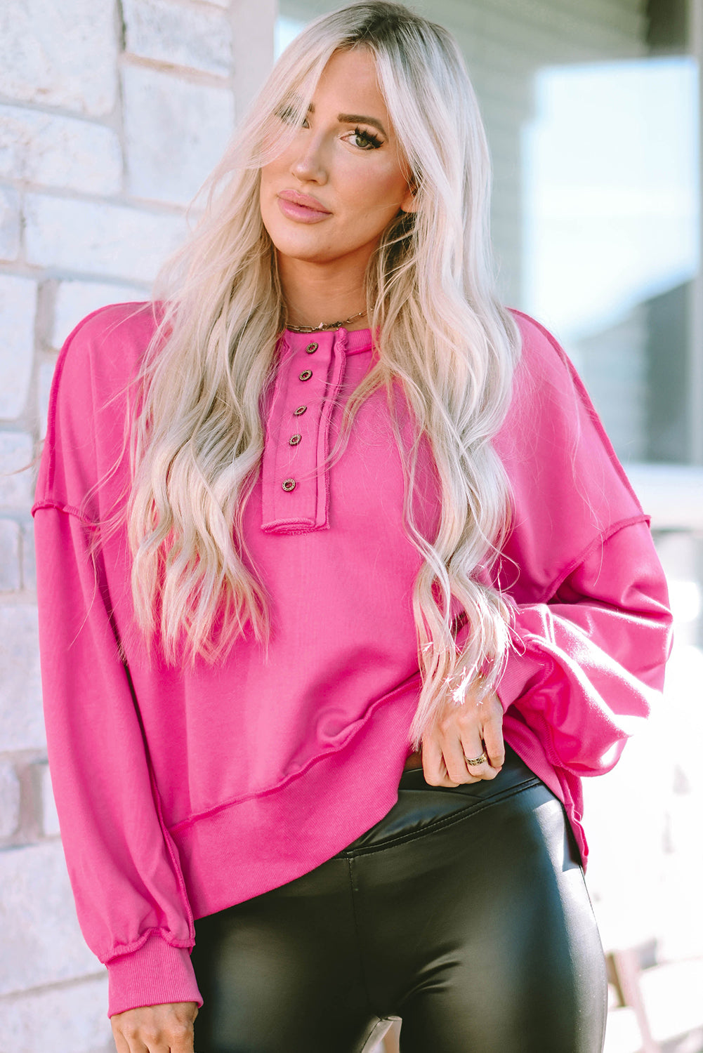 Dark Grey Drop Shoulder Henley Buttons Sweatshirt