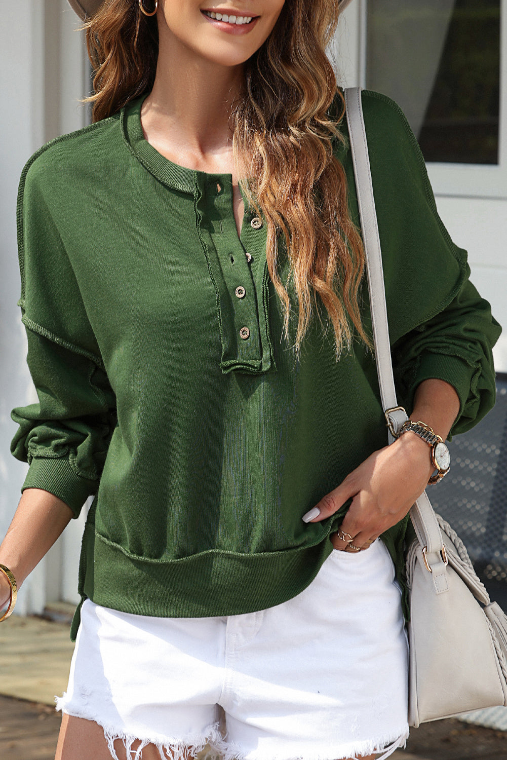 Dark Grey Drop Shoulder Henley Buttons Sweatshirt