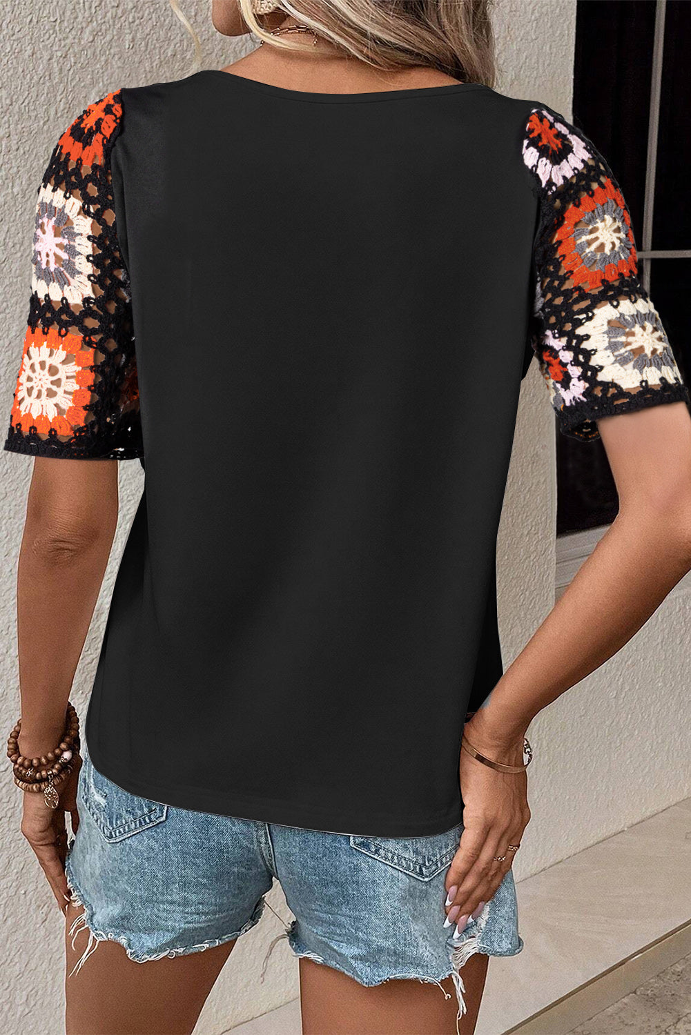 Parchment Floral Crochet Short Sleeve Top