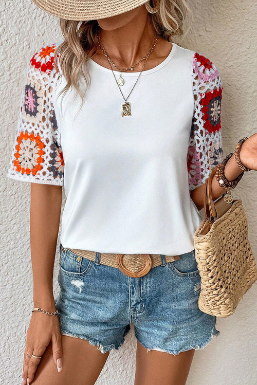 Parchment Floral Crochet Short Sleeve Top