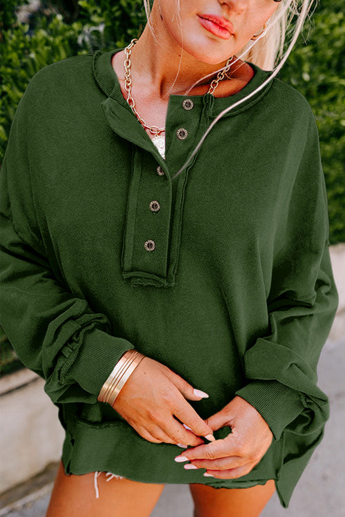 Dark Grey Drop Shoulder Henley Buttons Sweatshirt