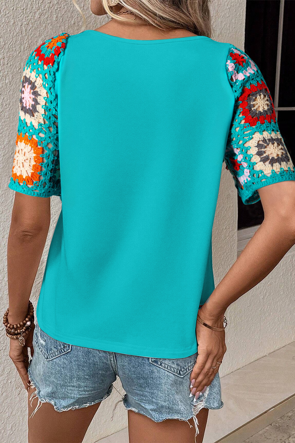Parchment Floral Crochet Short Sleeve Top