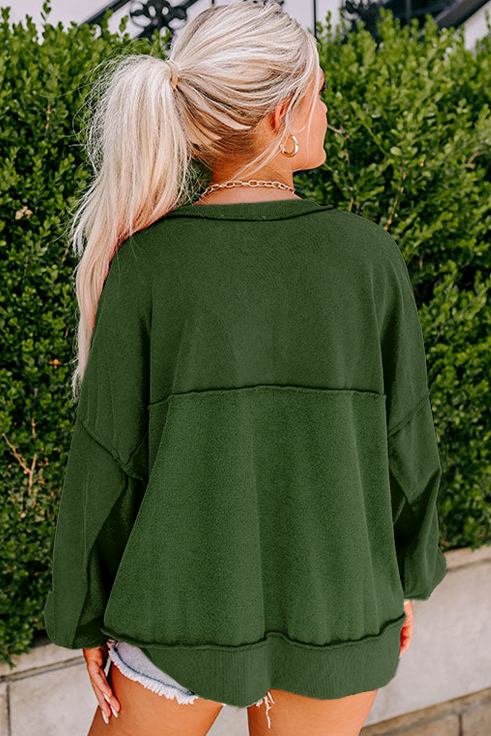 Dark Grey Drop Shoulder Henley Buttons Sweatshirt
