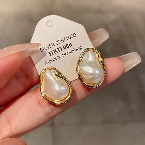 Geometric Irregular Round Metal Pearl Earrings for Women Minimalist