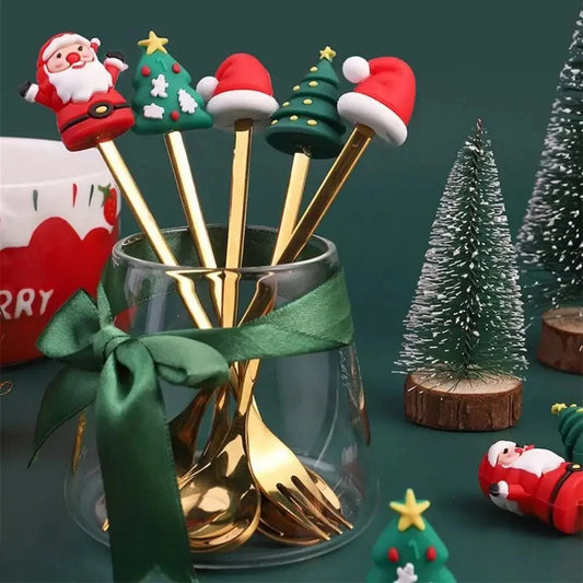 (2/4/6pc) Christmas Spoon and Fork Set Stainless Steel Creative