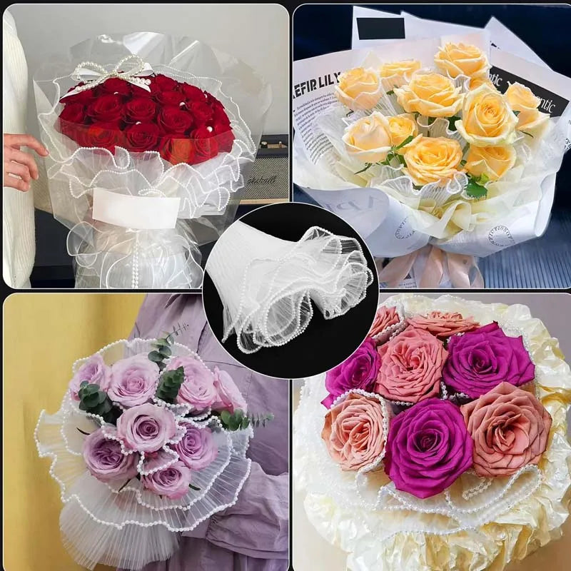 White Floral Packaging for Bouquets Including Decorative Mesh Wrapping
