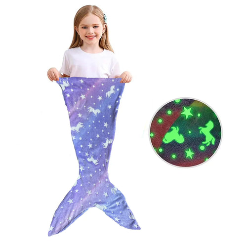 Cartoon Rainbow Unicorn Mermaid Tail Blanket Super Soft Glow in The