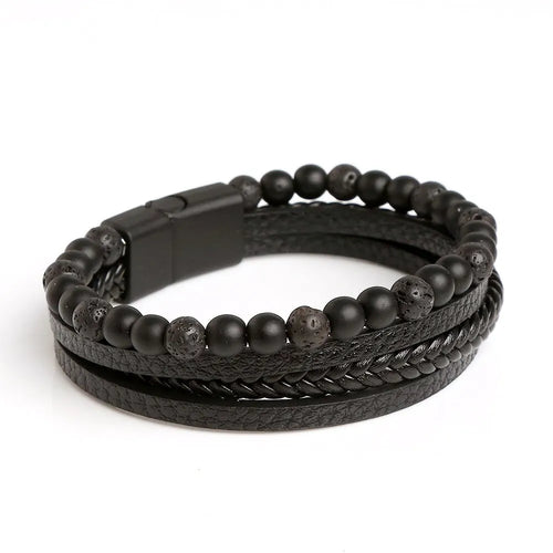 Men Leather Bracelet Classic Fashion Tiger Eye Beaded Multi Layer