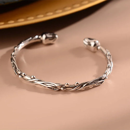 XIYANIKE Vintage Thai Silver Lotus Flower Cuff Bracelet For Women Girl