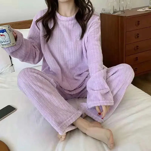 Soft Coral Velvet Jacquard Warm Pajama Set for Women Cozy Loungewear