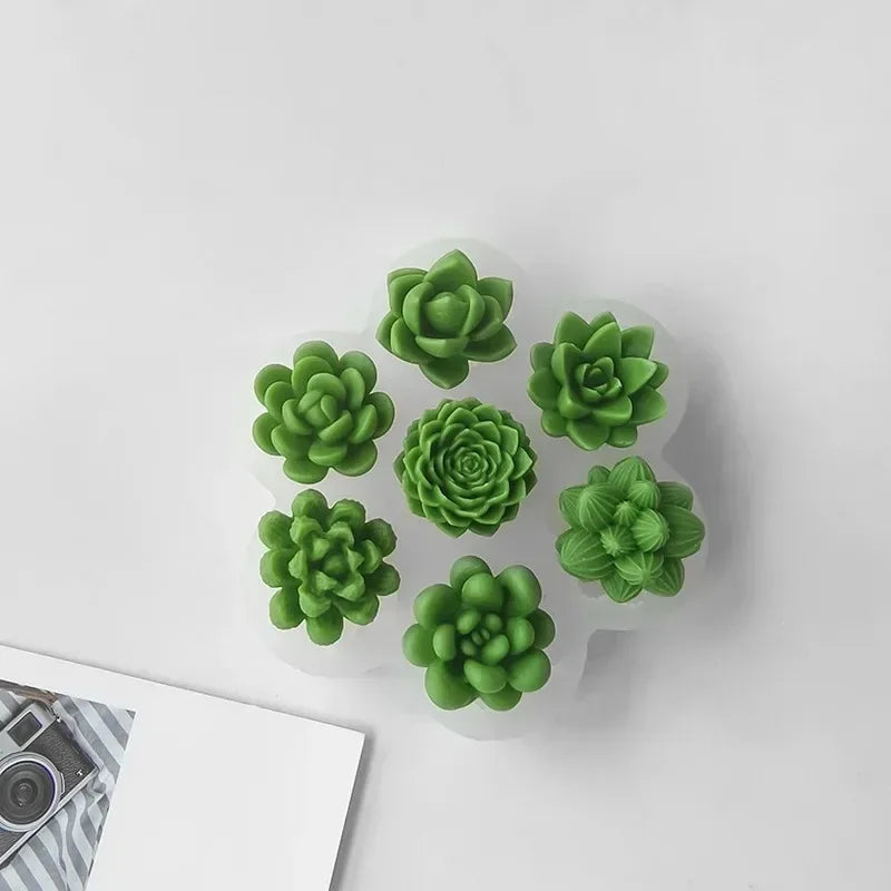 7pcs Succulent Flowers Candle Mold 3D Cactus Lotus Rose Soap Plaster