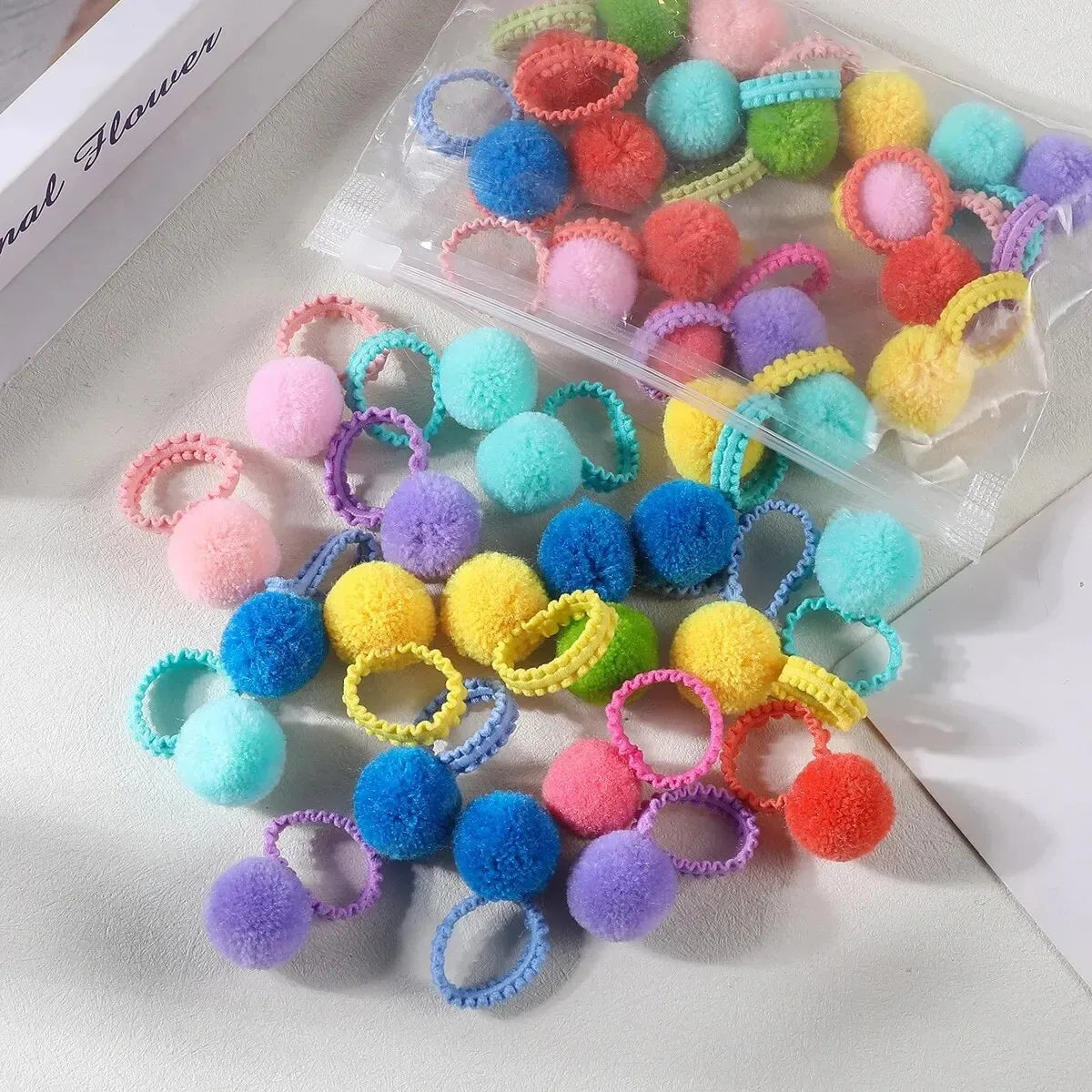 20Pcs Girls Colorful Plush Ball Elastic Hair Bands Kids Ponytail Ties