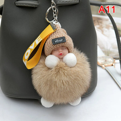 Pompom Sleeping Baby Keychain Cute Fluffy Plush Doll Keyholder Women
