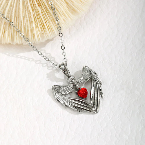 Gothic Punk Bat Wings and Heart Shaped Resin Pendant Necklace - Dark