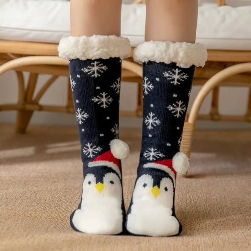 Winter Warm Socks Women penguin Plush Soft Female Non Grip Floor
