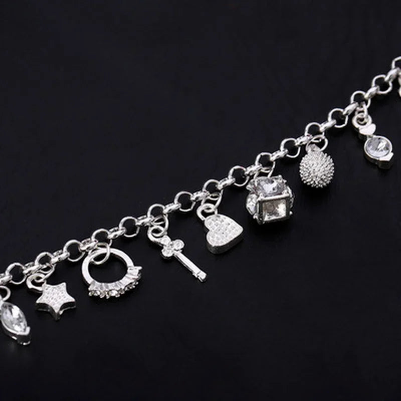 925 Sterling Silver Fashion 13pcs Pendant Chain Charm Bracelet for