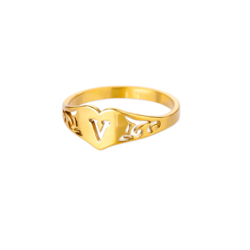 Fashion Hollow Initial Letter Heart Rings For Women Gold Color