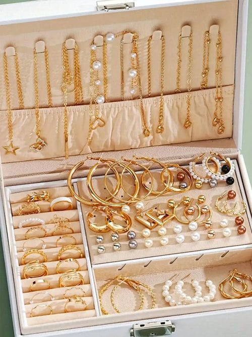 86pcs/Set Elegant Pearl Earrings Multi-Layered Necklace Ear Studs