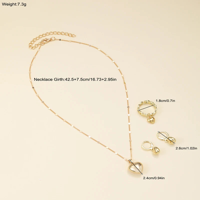4Pcs/Set Vintage Love Heart Pendant Necklace Ring Hoop Earring for