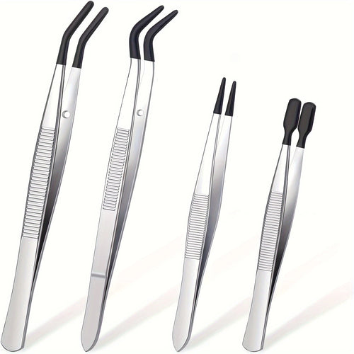 4pcs Set of Stamp Tweezers with Rubber Tips Stainless Steel Clip