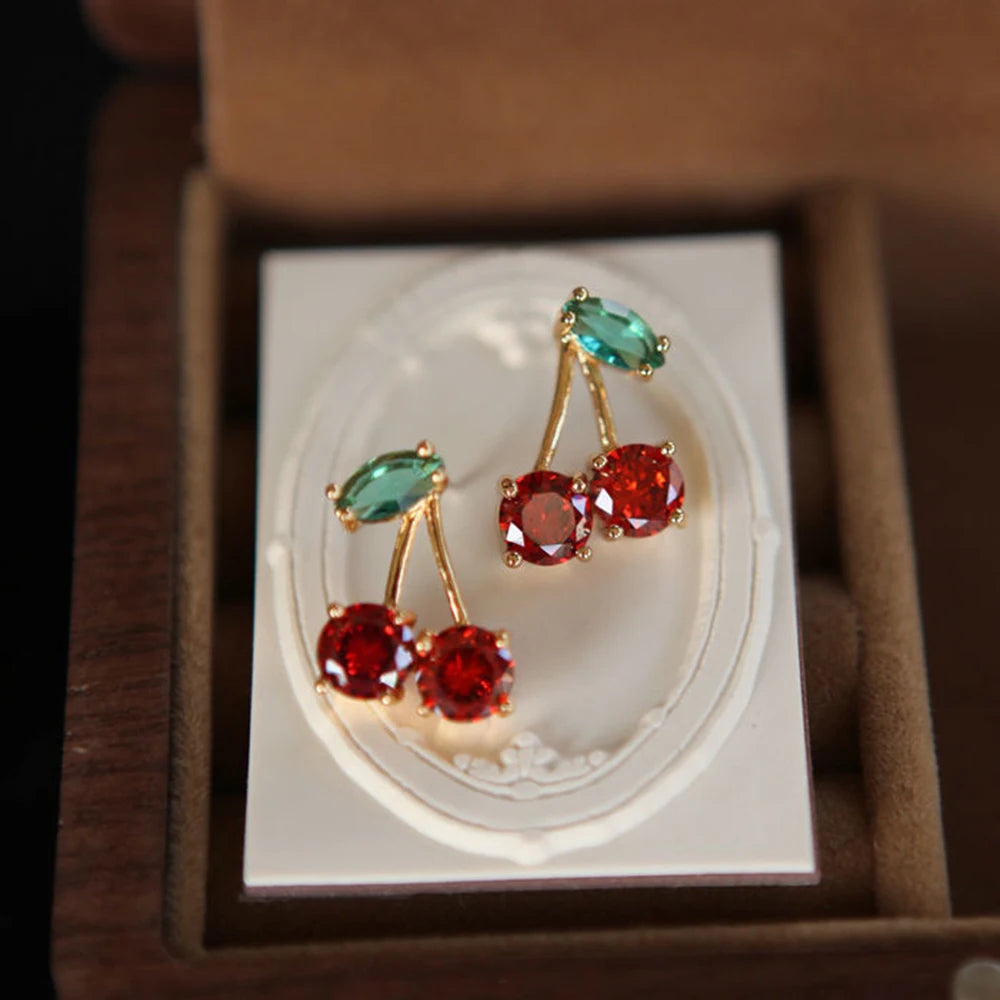 2024 Red Zircon Cherry Leaf Stud Earrings Women Piercing Jewelry For