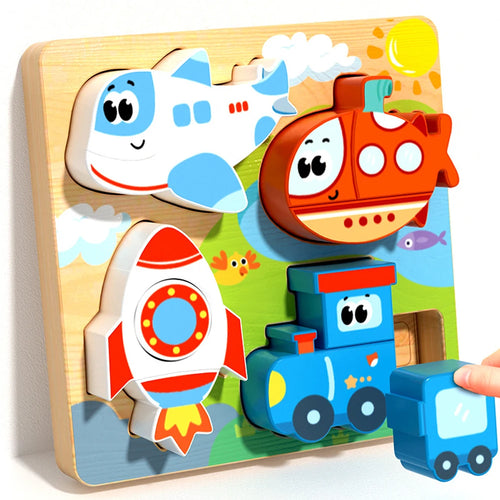 4-in-1 Wooden Toys 3D Wood Puzzle Cartoon Animals Cognitive Jigsaw