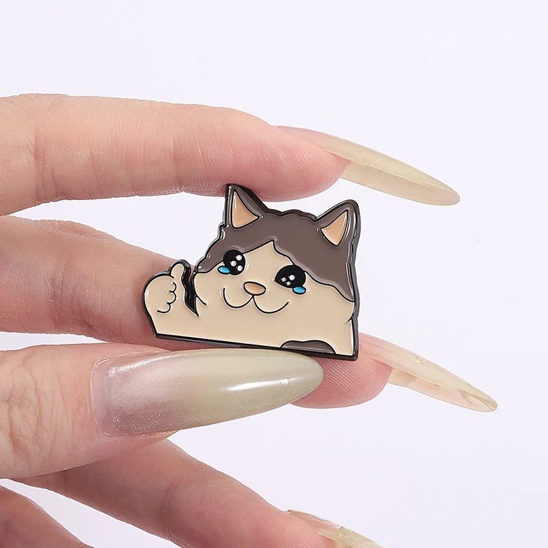Thumb Up Crying Cat Enamel Pin Kawaii Humorous Animal Brooch Lapel