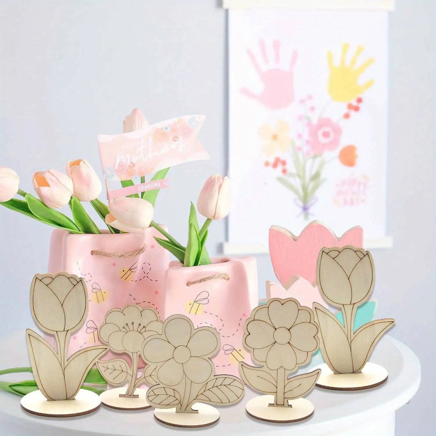 6Pcs/Set Rose/Lily/Sunflower Wooden Ornament Wood DIY Painting Crafts