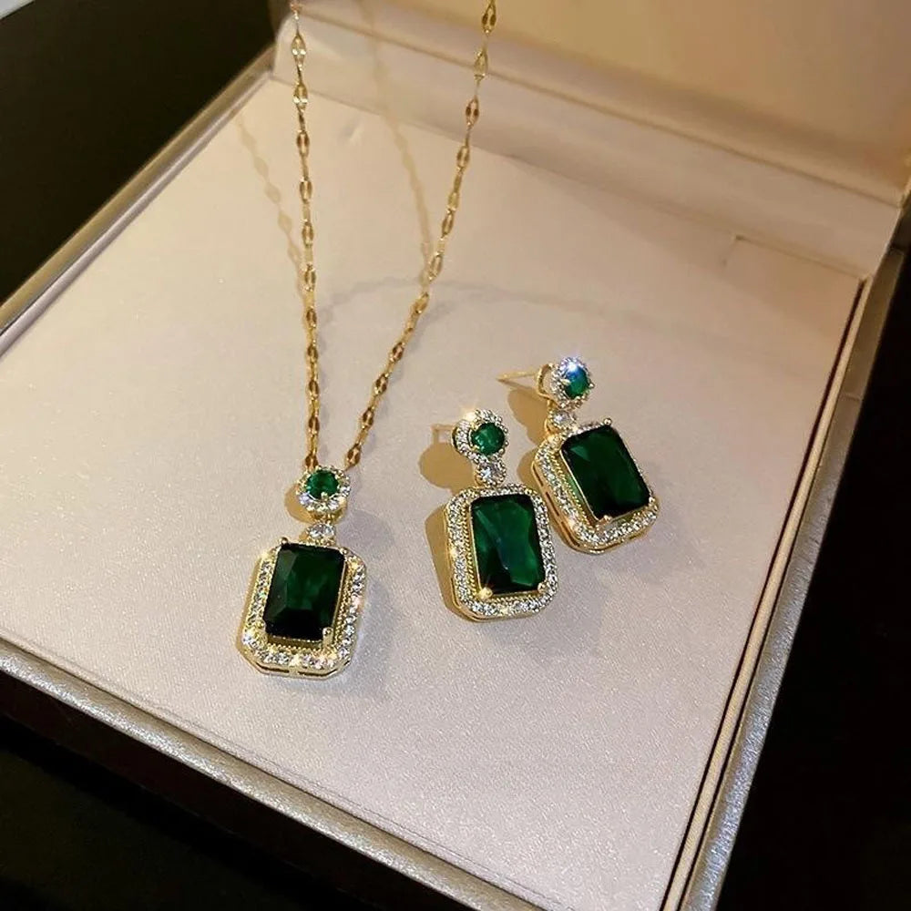 4PCS Sets Exquisite Quadrate Rhinestone Necklace Earrings Ring Jewelry