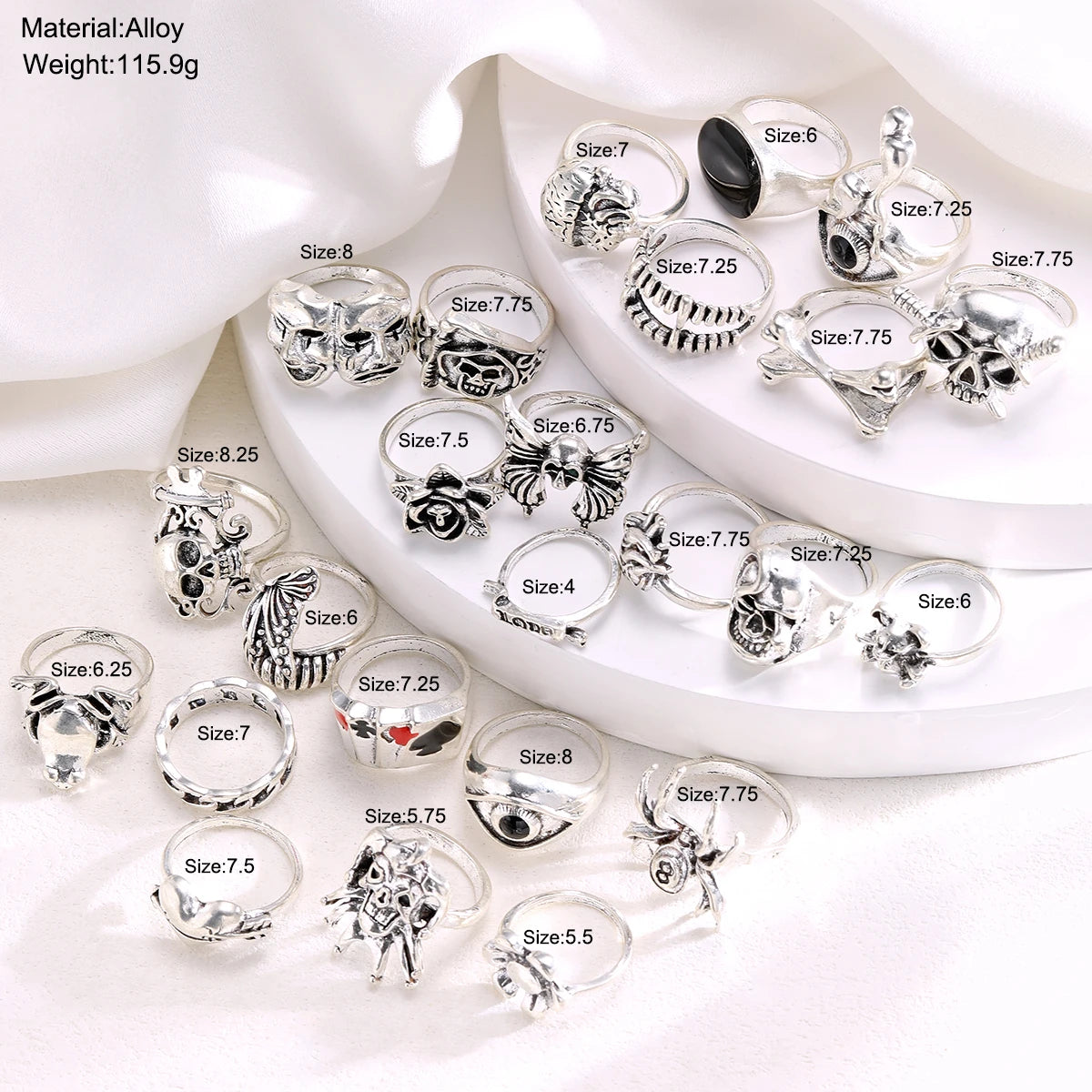 24 Pcs Gothic Skeleton Unisex Ring Set Punk Grunge Butterfly Frog