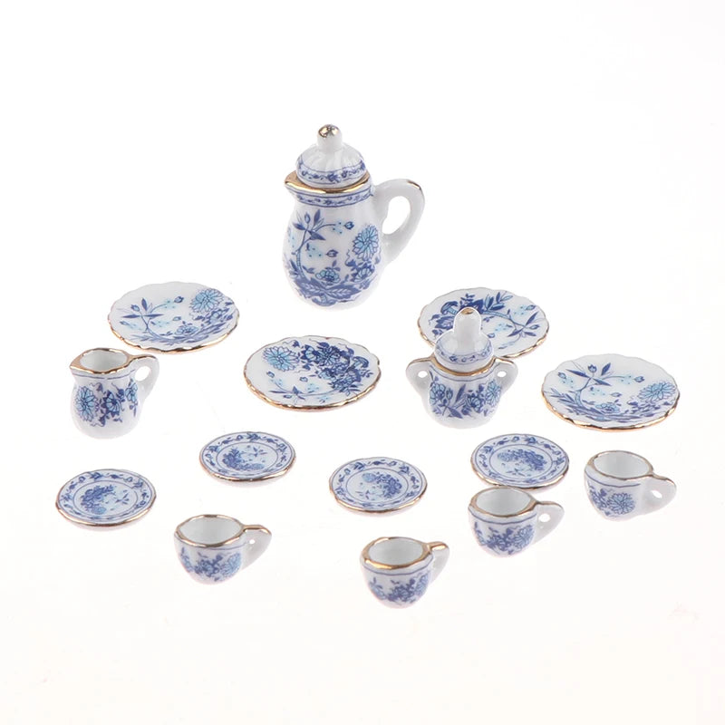 15Pcs 1:12 Dollhouse Miniature Tableware Porcelain Ceramic Tea Cup Set