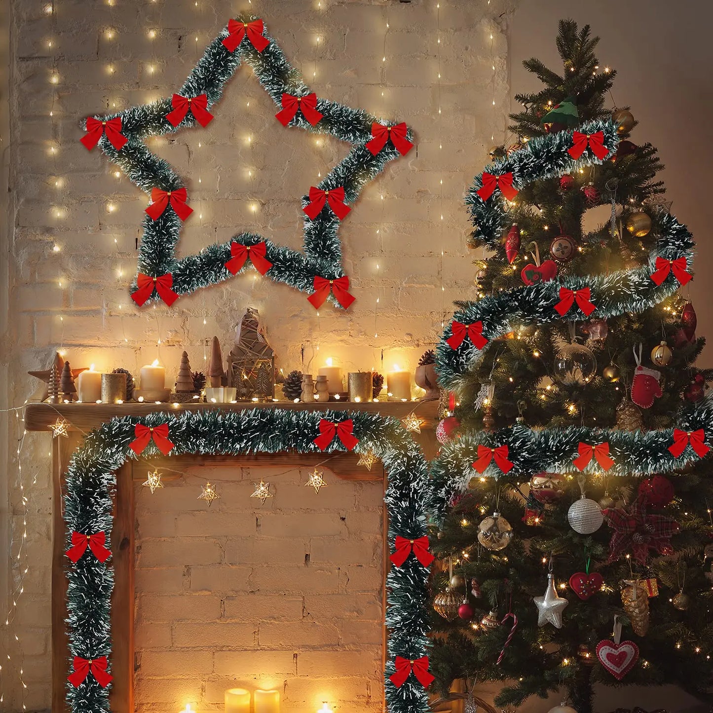 Artificial Christmas Garland Xmas Tinsel Garlands with Bowknot for DIY