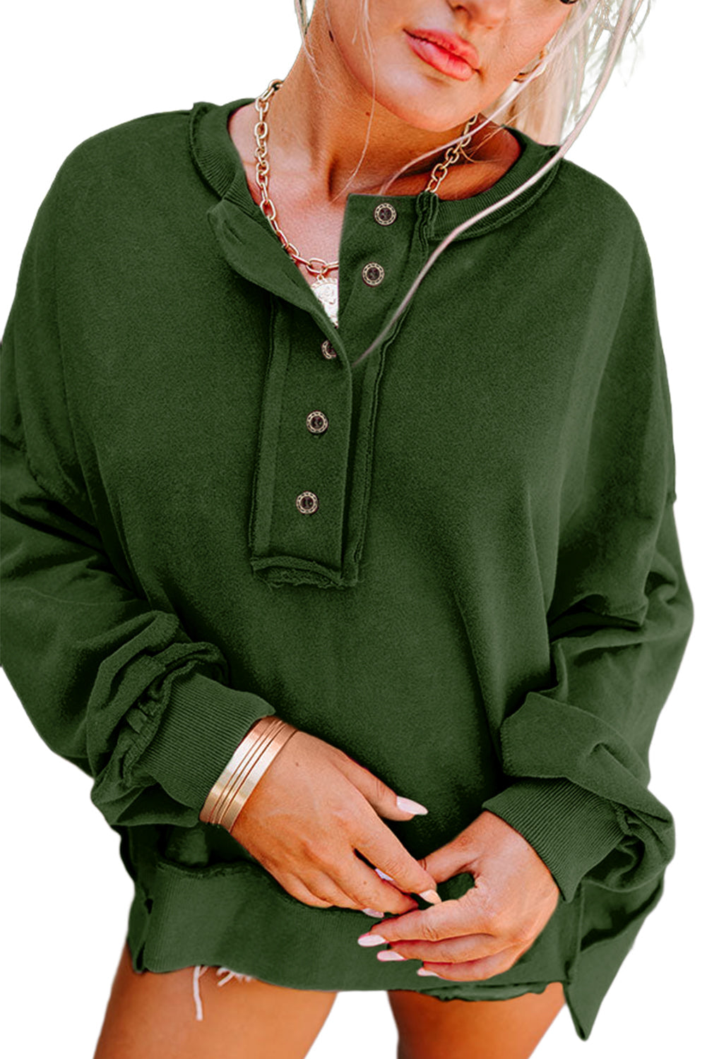 Dark Grey Drop Shoulder Henley Buttons Sweatshirt