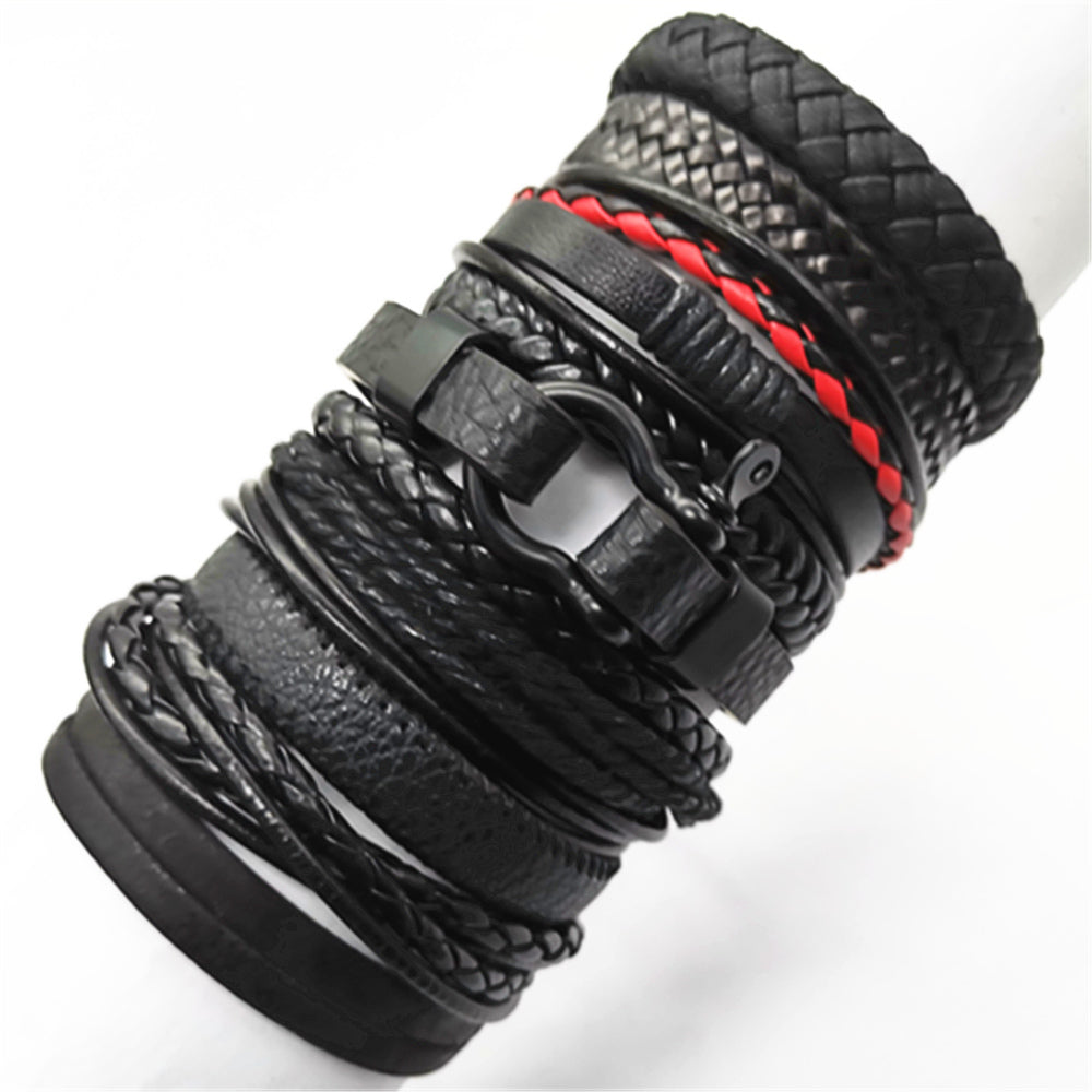 10 Pcs/set Black Rope Weave Charm Leather Bracelets Men Bracelets