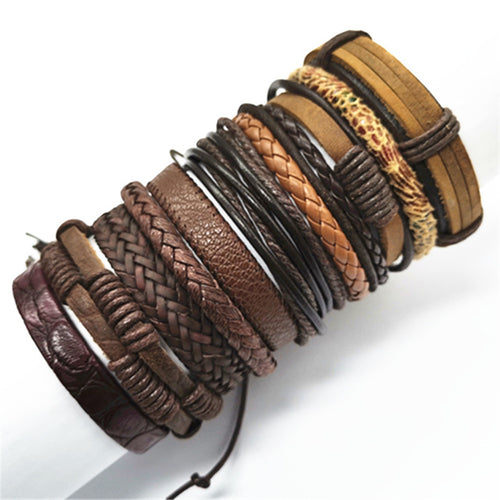 10 Pcs/set Black Rope Weave Charm Leather Bracelets Men Bracelets