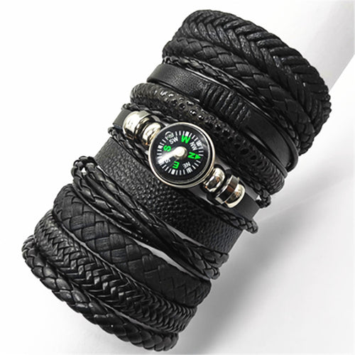 10 Pcs/set Black Rope Weave Charm Leather Bracelets Men Bracelets