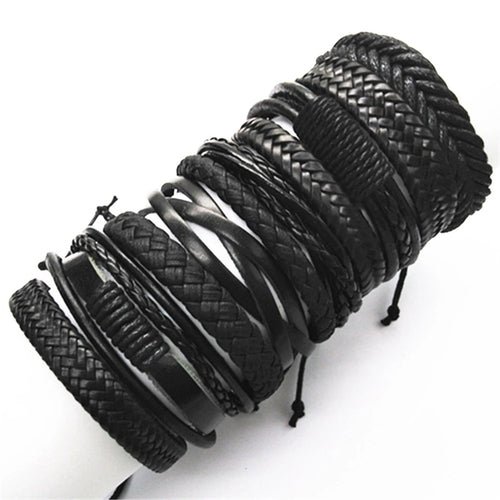 10 Pcs/set Black Rope Weave Charm Leather Bracelets Men Bracelets