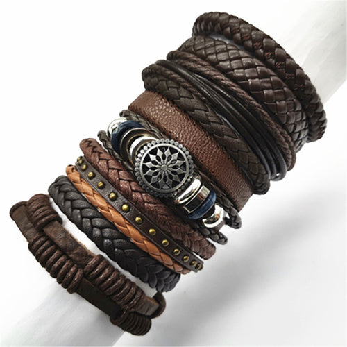 10 Pcs/set Black Rope Weave Charm Leather Bracelets Men Bracelets
