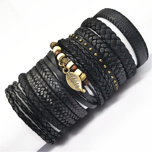 10 Pcs/set Black Rope Weave Charm Leather Bracelets Men Bracelets