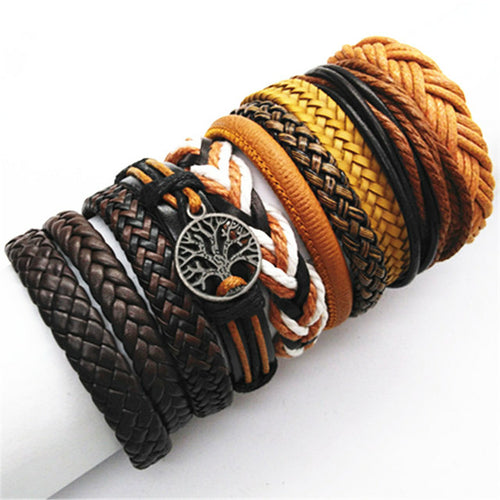 10 Pcs/set Black Rope Weave Charm Leather Bracelets Men Bracelets