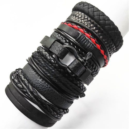 10 Pcs/set Black Rope Weave Charm Leather Bracelets Men Bracelets