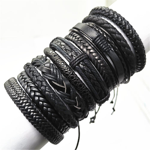 10 Pcs/set Black Rope Weave Charm Leather Bracelets Men Bracelets
