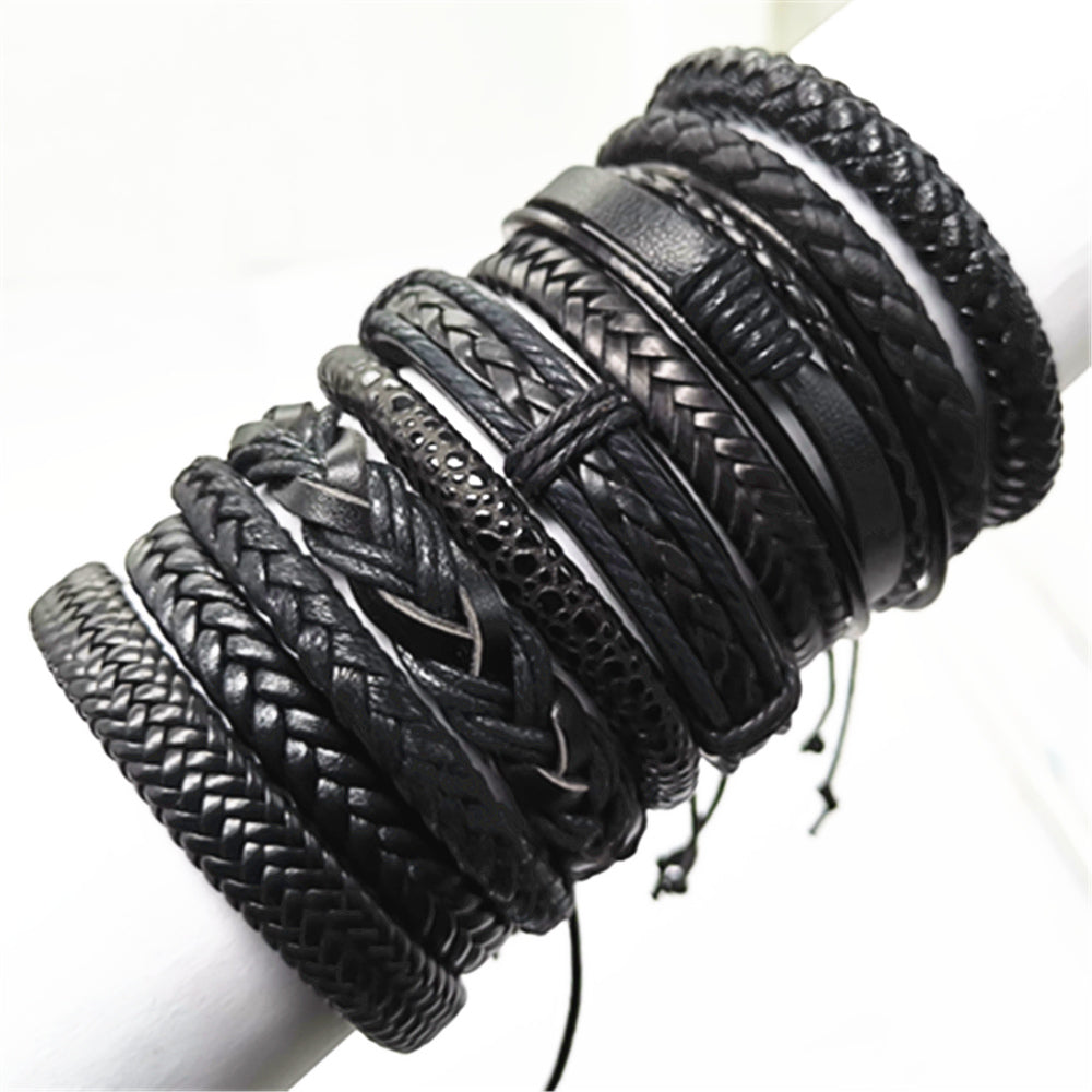 10 Pcs/set Black Rope Weave Charm Leather Bracelets Men Bracelets