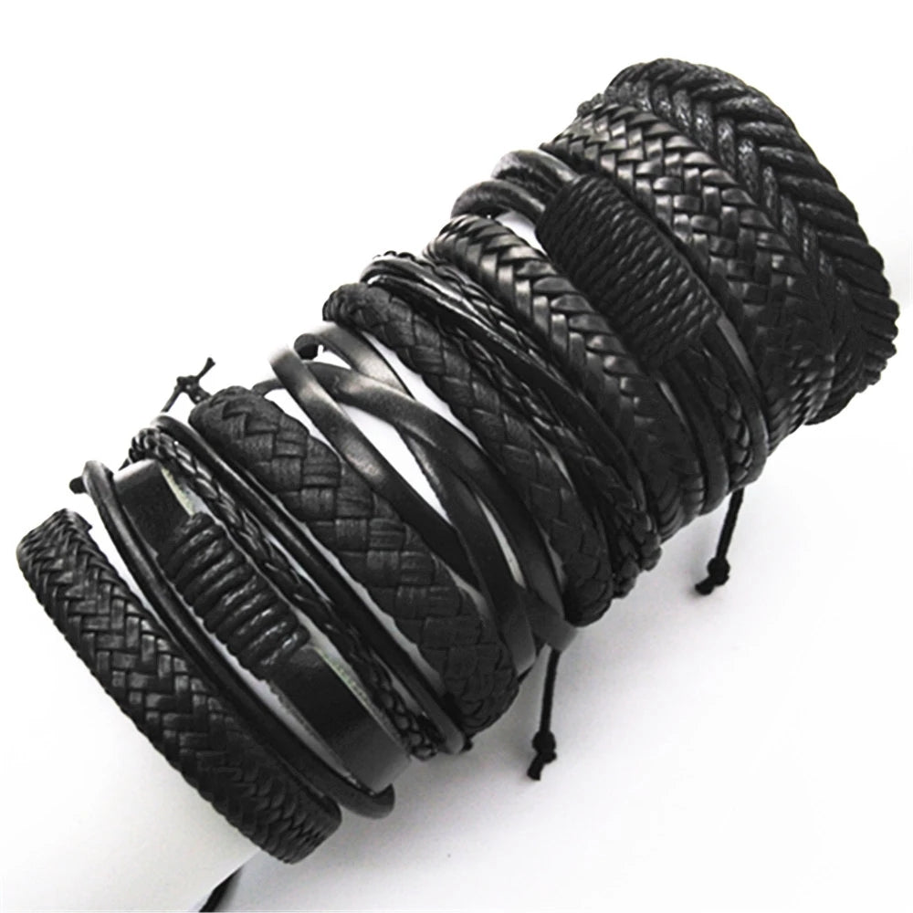 10 Pcs/set Black Rope Weave Charm Leather Bracelets Men Bracelets