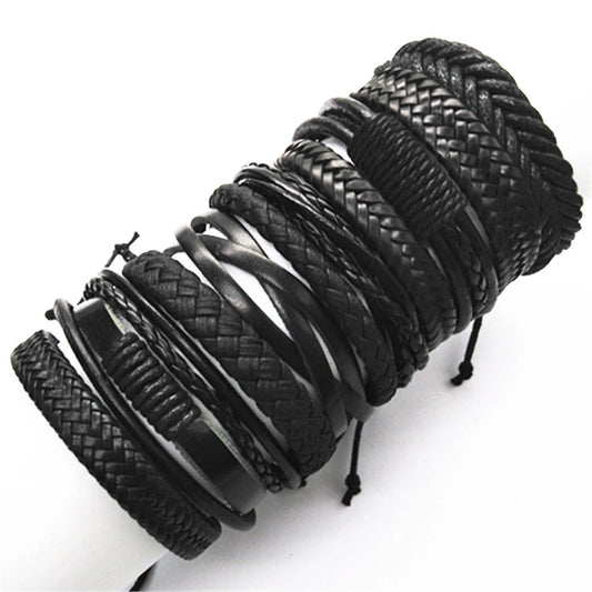 10 Pcs/set Black Rope Weave Charm Leather Bracelets Men Bracelets