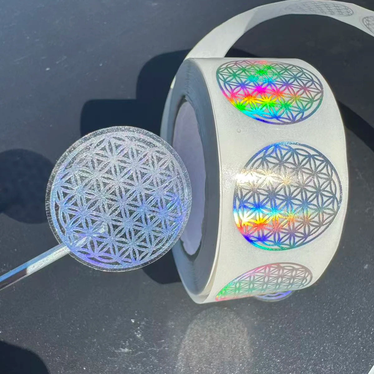 500 Pcs Flower of Life Stickers Roll, Holographic Round Sealing Labels