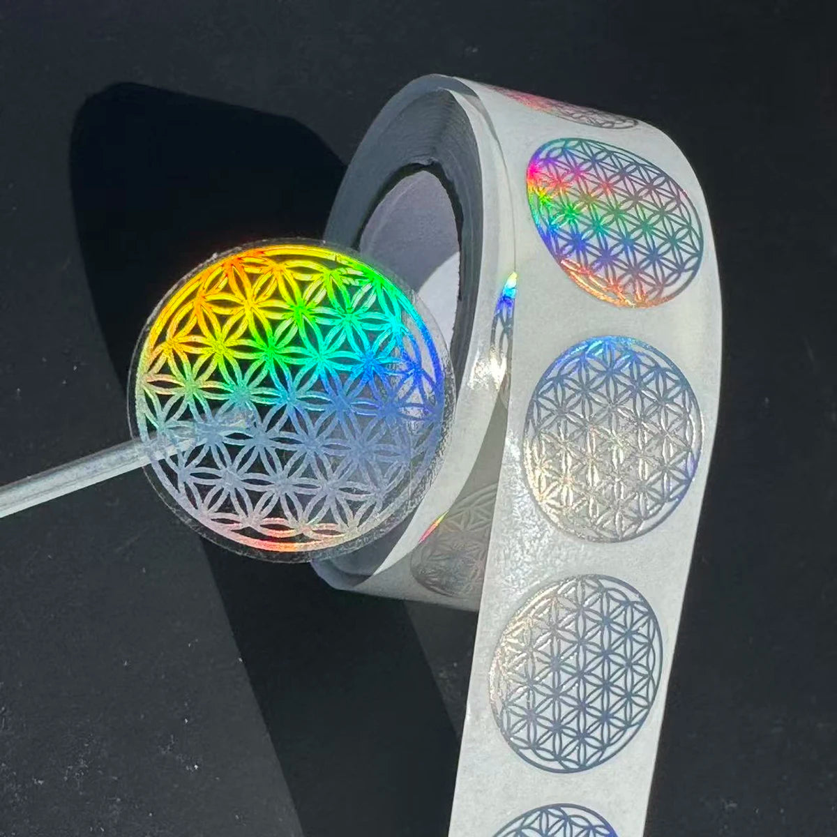 500 Pcs Flower of Life Stickers Roll, Holographic Round Sealing Labels